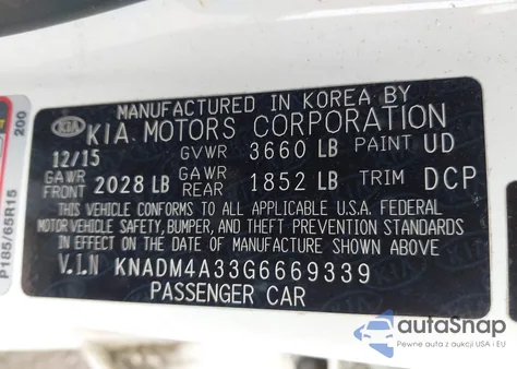 2016 Kia Rio Lx from USA, damaged, VIN KNADM4A33G6669339